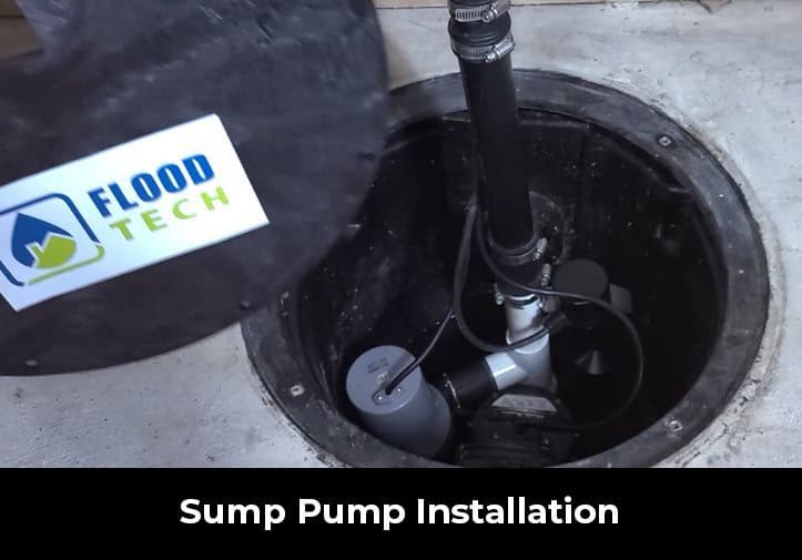 Sump pump installation for basement waterproofing by Flood Tech.