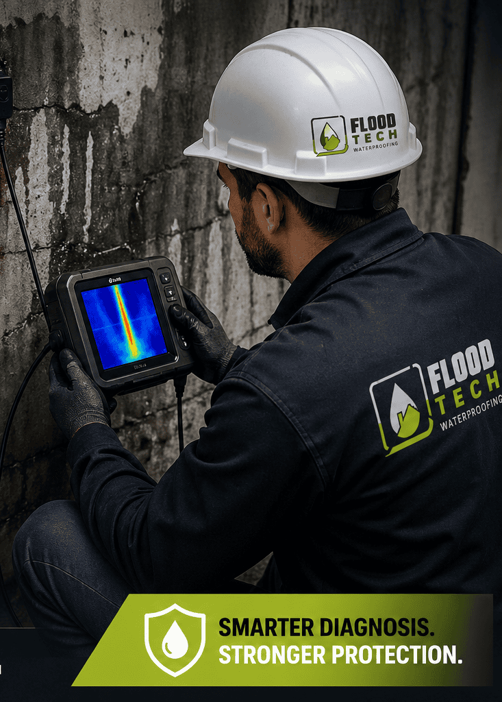 Technician using thermal imaging device for basement waterproofing inspection.