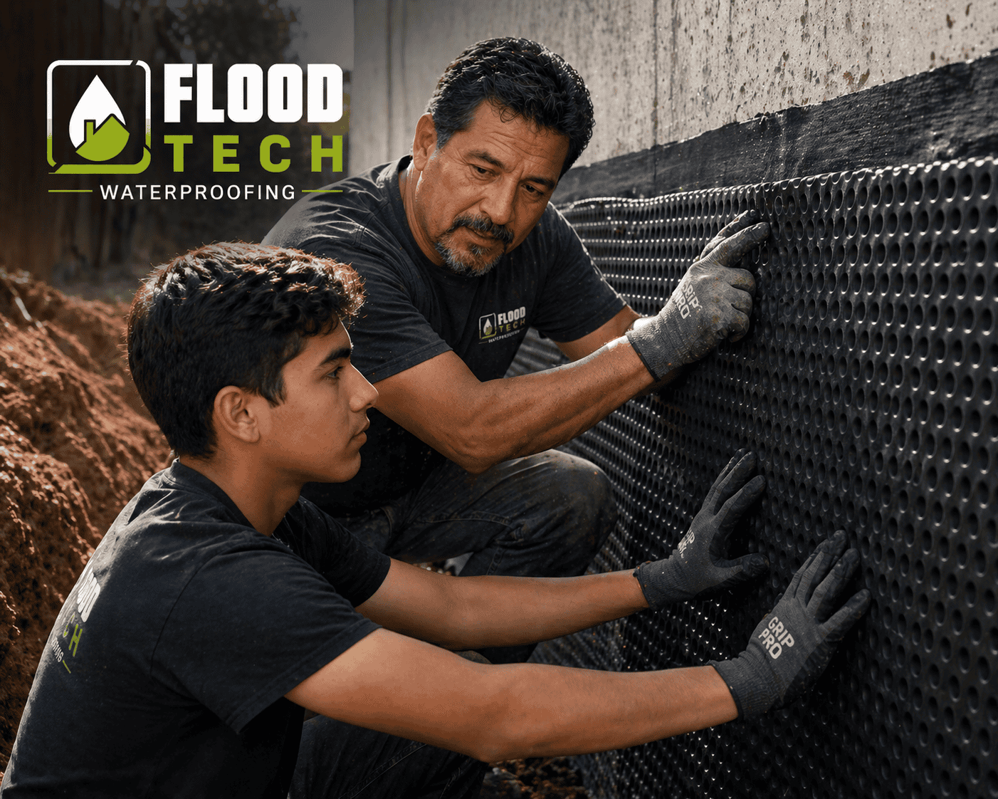 Waterproofing experts installing basement waterproofing membrane in a home.